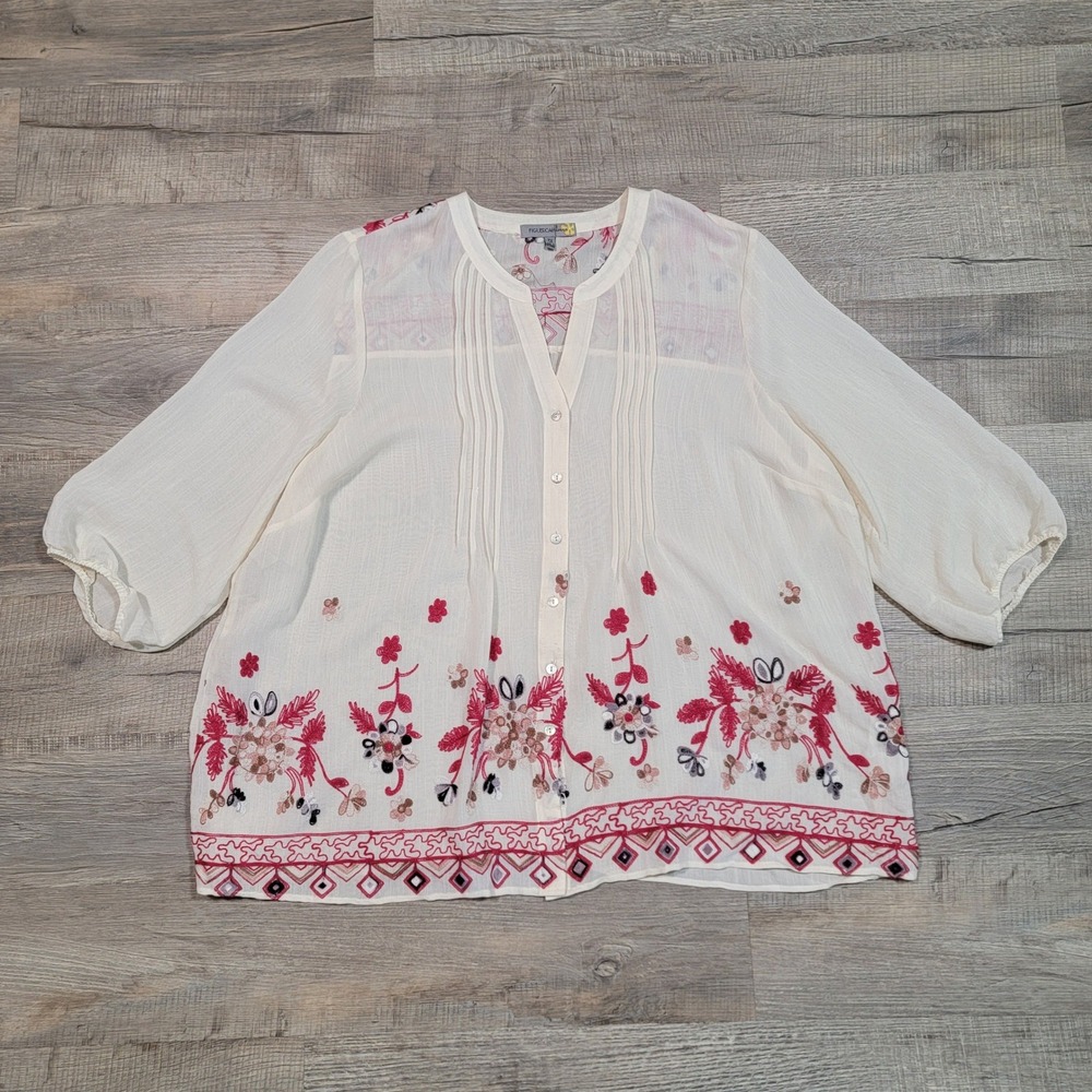 Figueroa & Flower Anthropologie Size 3X Cream Floral Embroidered Pintuck Blouse